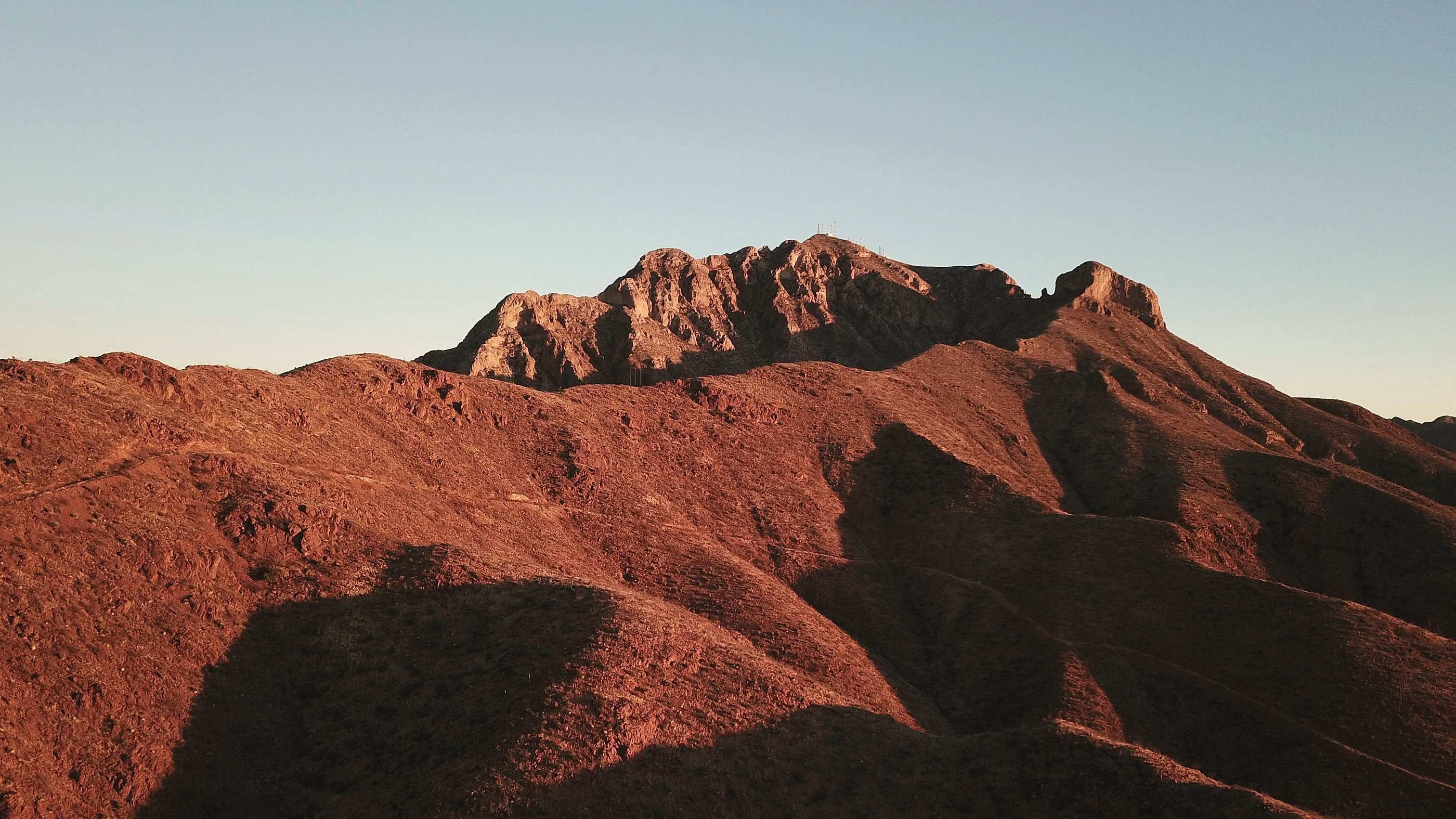 The red rock of the Franklin Mountains at Transmountain Road, El Paso, in evening light