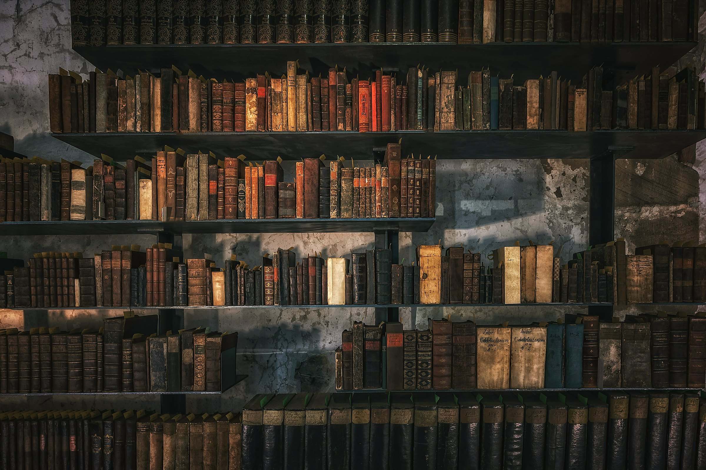 Tall dark bookshelves filled with old books