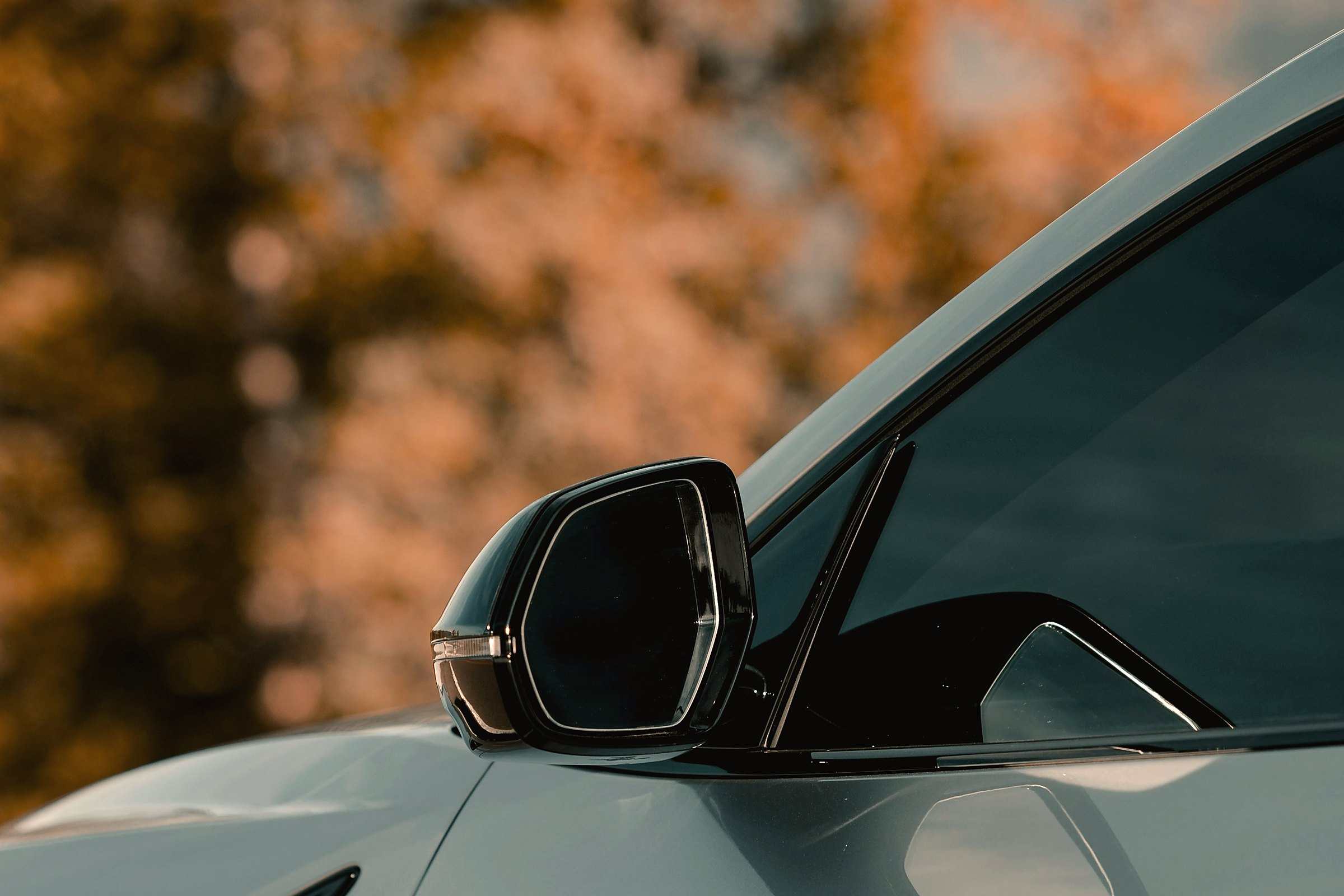 The side mirror and window line of a pale grey car against autumn trees