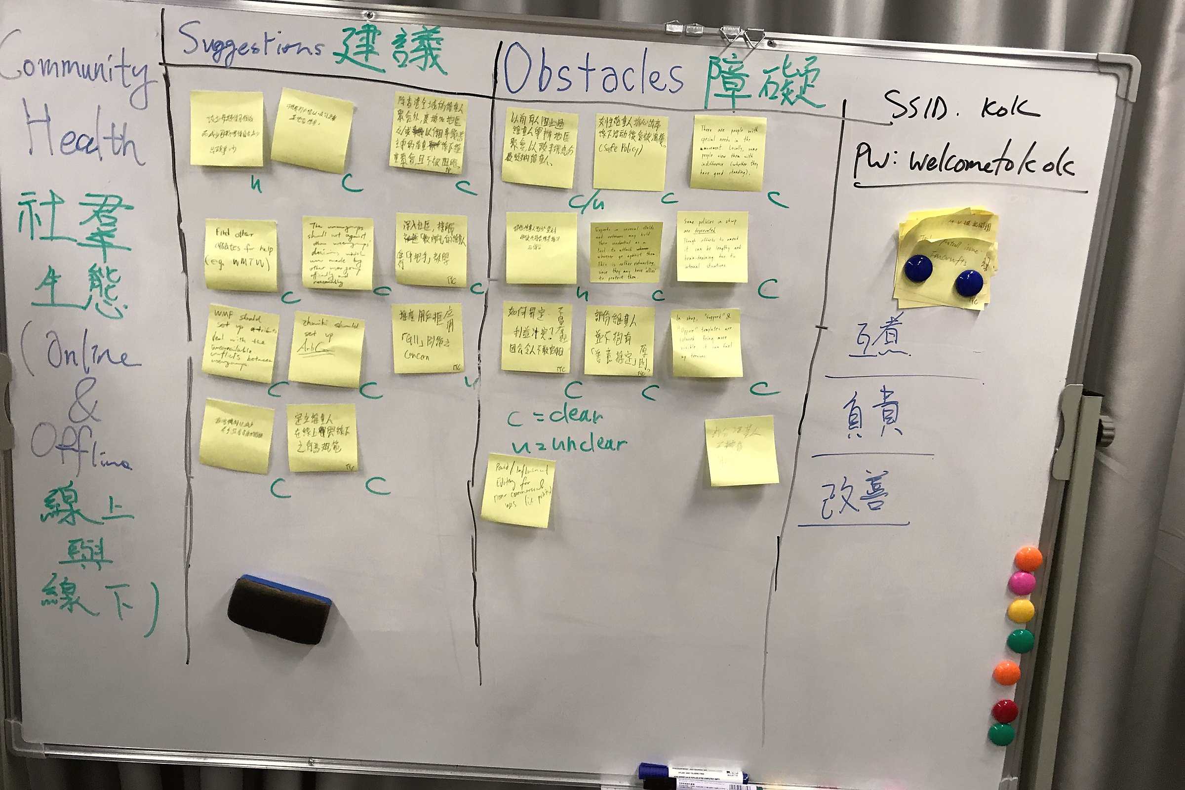 A whiteboard covered in rows of yellow sticky notes from a planning session