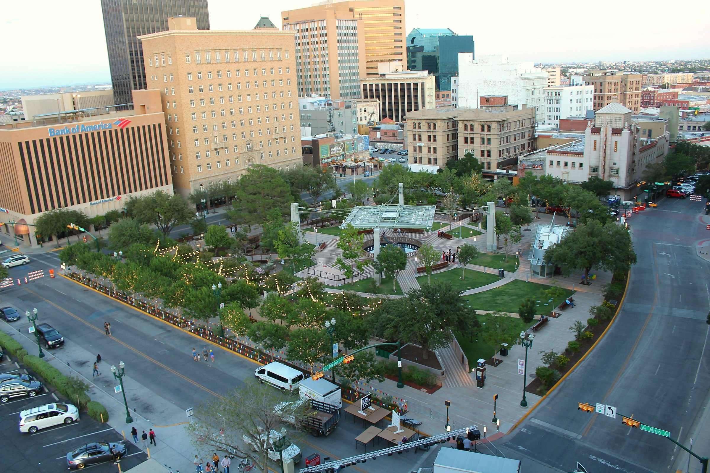 San Jacinto Plaza in downtown El Paso from above, green among the office towers