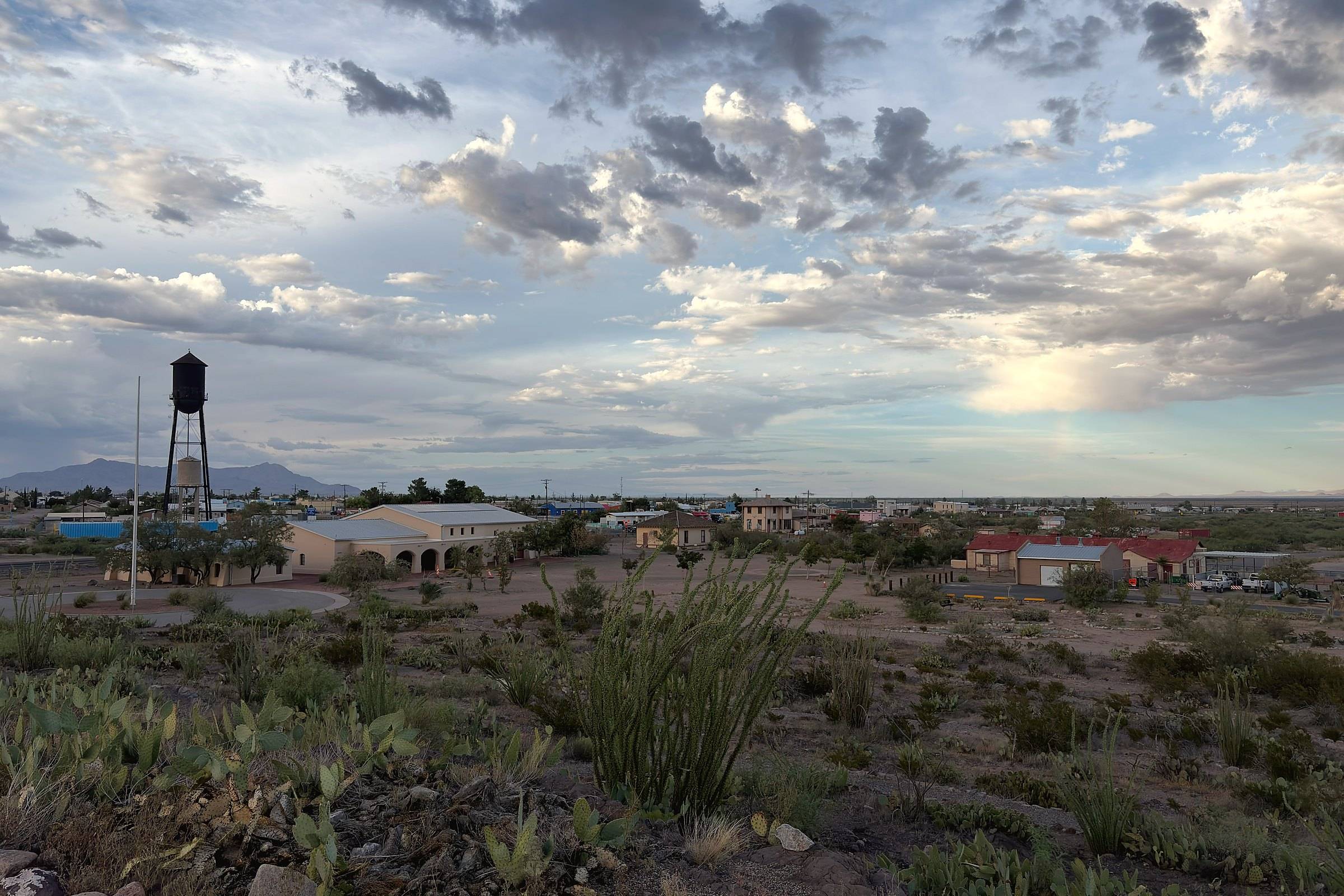 Columbus, New Mexico, and its water tower, seen from a hill at Pancho Villa State Park