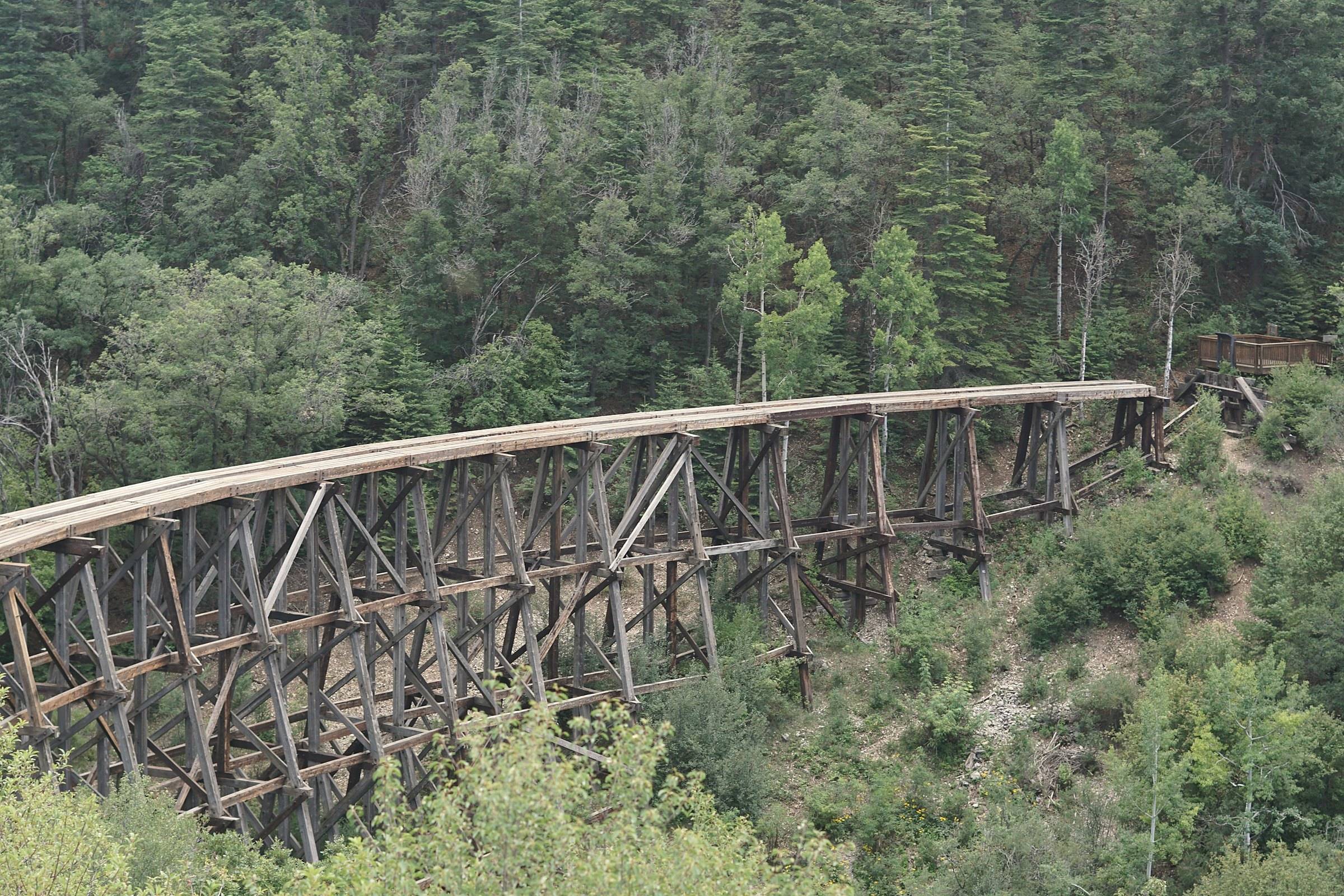 The wooden Mexican Canyon Railroad Trestle in the pine forest outside Cloudcroft, New Mexico