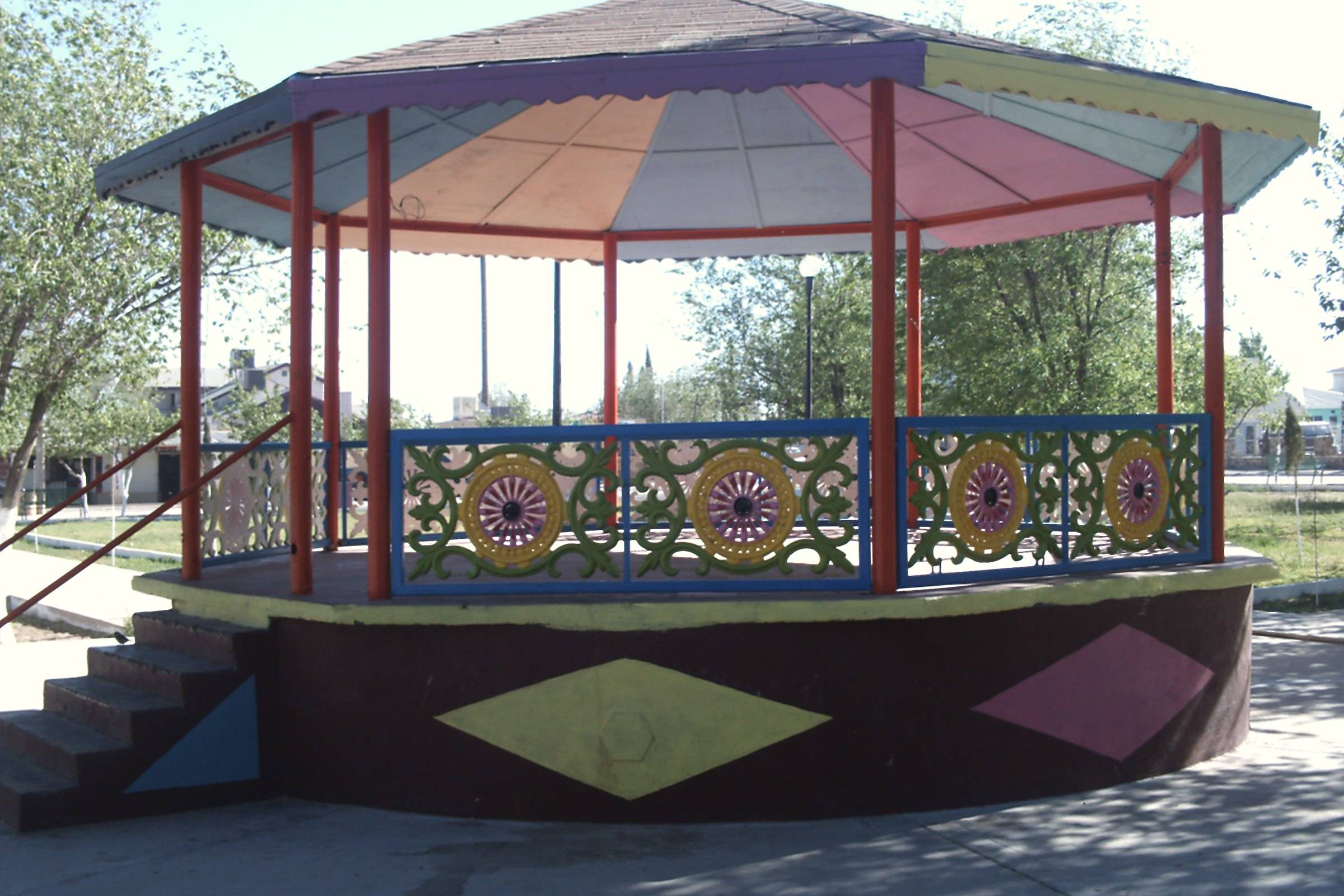 The painted bandstand on the plaza of Puerto Palomas de Villa, Chihuahua