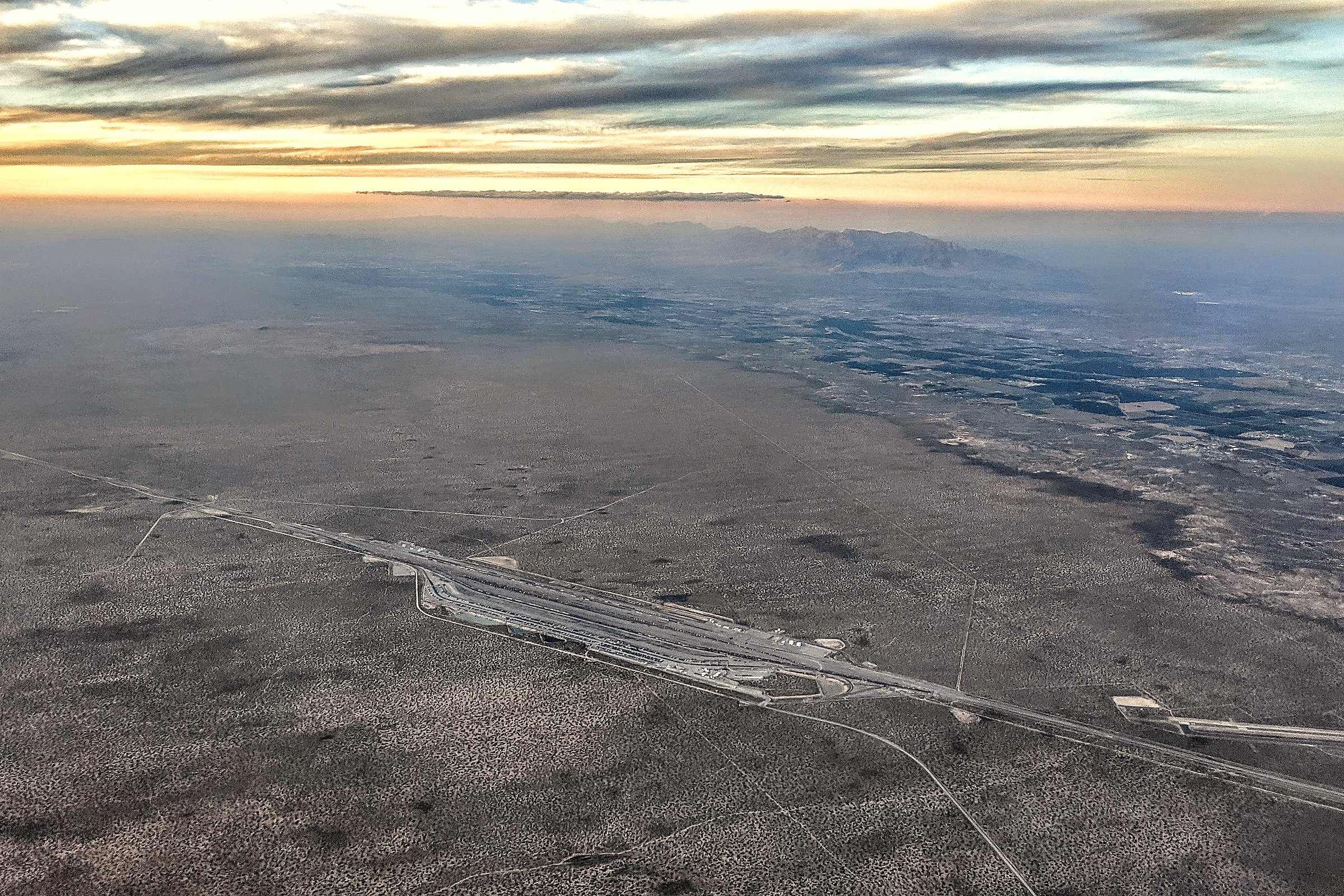 Late-afternoon aerial view of the Union Pacific intermodal terminal outside Santa Teresa, New Mexico